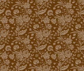 Brown seamless pattern with a vintage flower bouquets