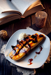 Delicious fried banana dessert with chocolate