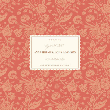 Coral wedding card with vintage flower bouquets