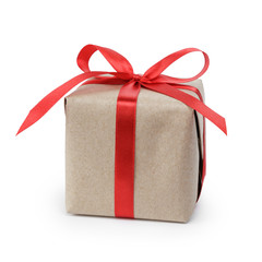 small gift box wraped in recycled paper with ribbon bow