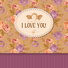 Vintage card with roses in the background and Cupid.