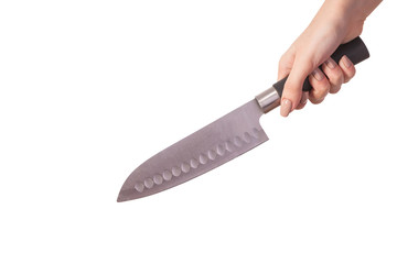 Hand is holding a kitchen kinfe isolated