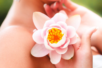 Fototapeta na wymiar water lily in flower in hands