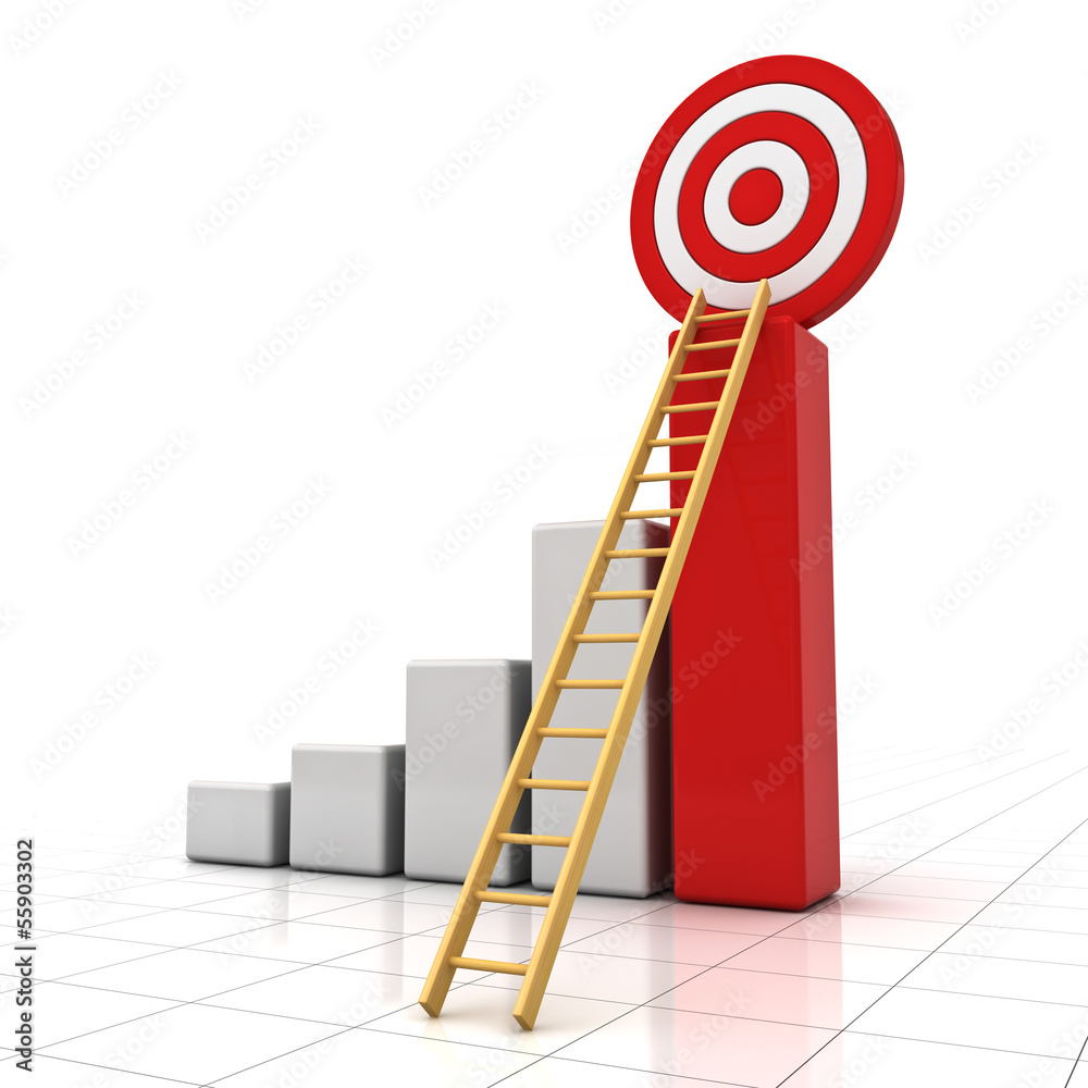 Poster 3d business graph with wood ladder and red target concept