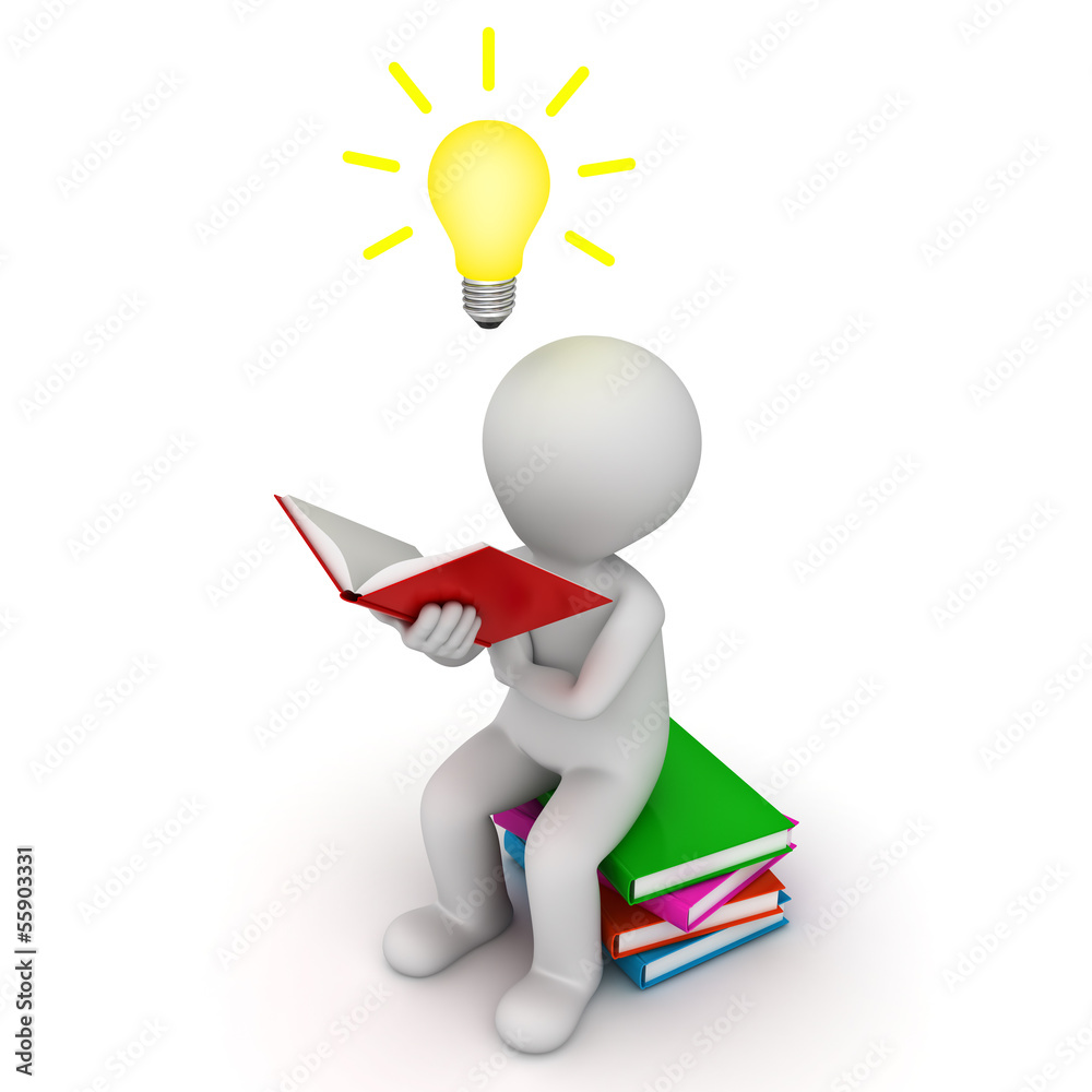 Poster 3d man sitting and reading book with idea bulb white background