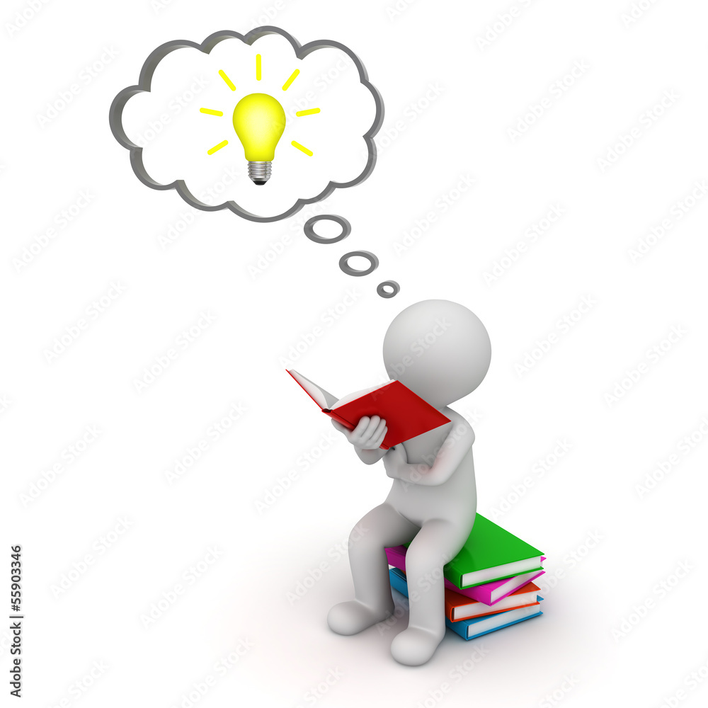 Aufkleber 3d man sitting and reading a book with idea bulb thought bubble