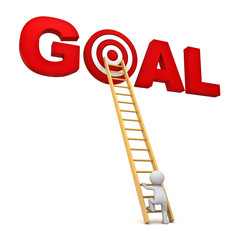 3d man climbing ladder to the red target in word goal over white