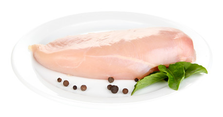 Raw chicken fillets on white plate, isolated on white