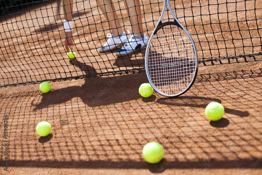 Wall mural Tennis racket and balls, tennis court