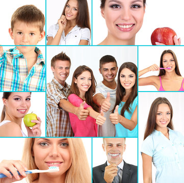 Collage of photographs on the theme of healthy teeth