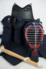 Kendo armor and shinai, close-up, vertical shot