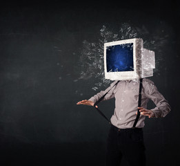 Computer monitor screen exploding on a young persons head