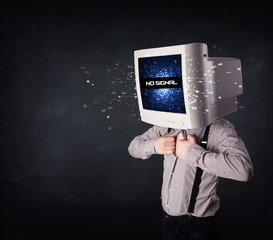 Man with a monitor head, no signal sign on the display