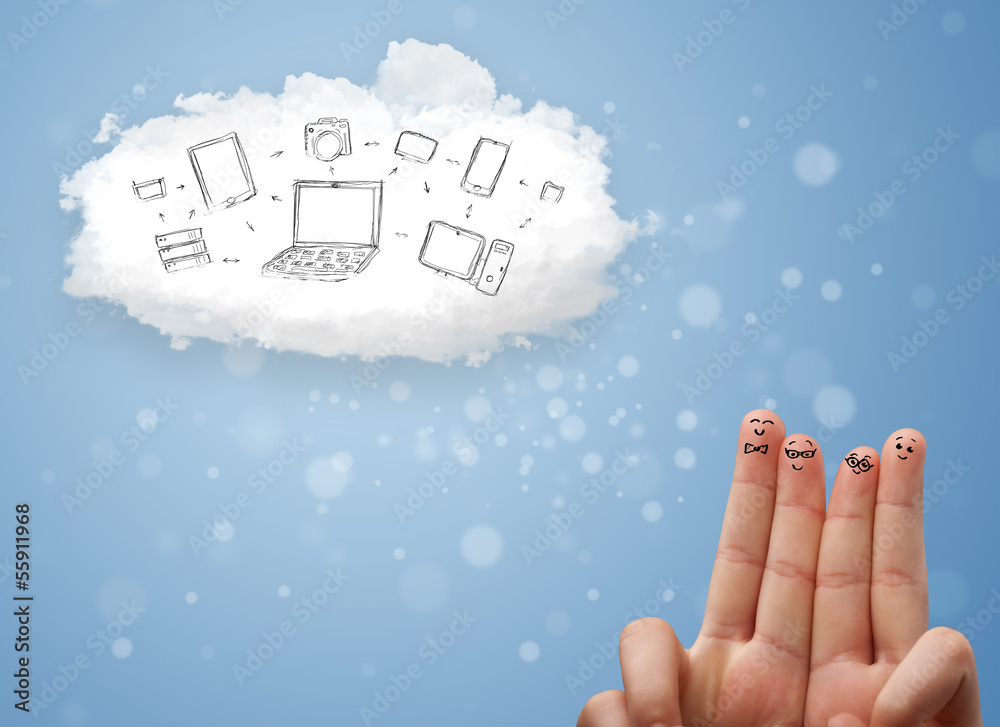 Wall mural happy smiley fingers looking at cloud computing with technology