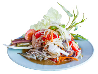 Thai papaya spicy salad or Som Tum with blue crab