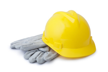 Yellow safety helmet and gloves