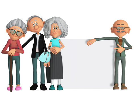 happy and motivated old people with placard 3d