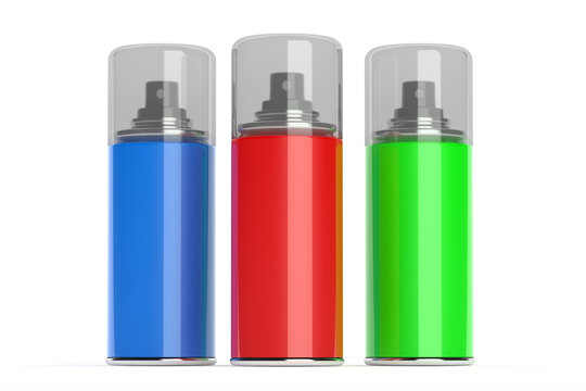 Aerosol spray cans with color paints.
