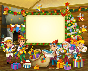Cartoon scene with christmas elfs - illustration for children