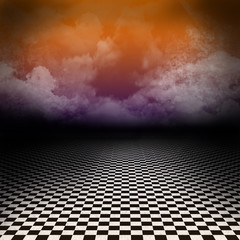 Empty dark psychedelic scenery black&white checker floor