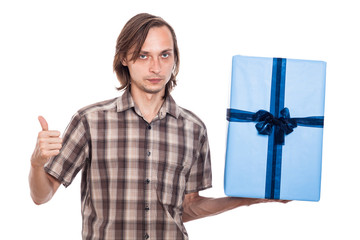 Serious man with big present