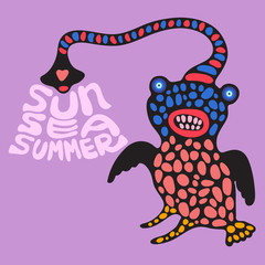 Сolorful owl with sun sea summer banner.