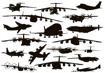 Transport aircraft silhouettes collection. Vector EPS 8