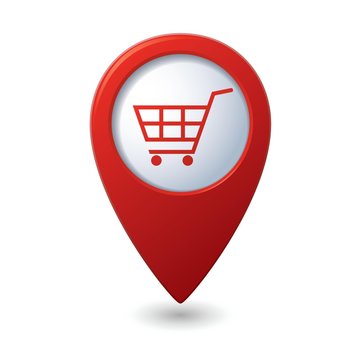 Map pointer with shopping cart icon. Vector illustration