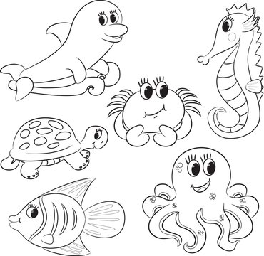 Set of outlined cartoon sea animals. Vector illustration