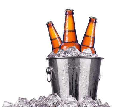 Beer bottles in ice bucket isolated