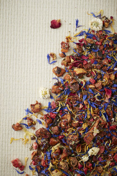 Heap of loose mixed tea leaves and flowers