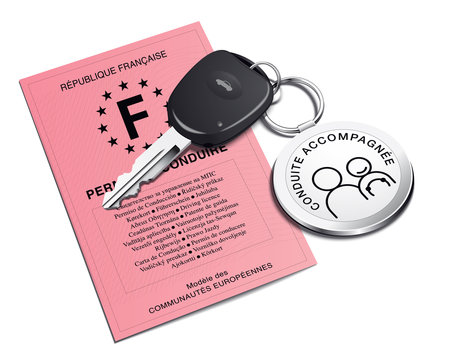 Permis de conduire, conduite accompagn&eacute;e, porte-cl&eacute; voiture