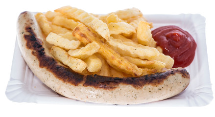 Isolated Bratwurst with French Fries