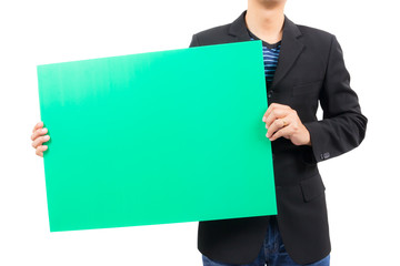 man holding blank green board