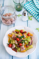 Rigatoni pasta with tuna, mixed tomatoes and pesto