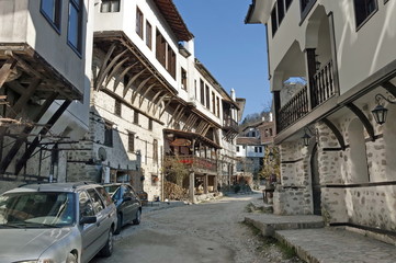 Old town Melnik with traditional houses and pyramid loose rocks