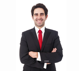 Smiling young business man on white background