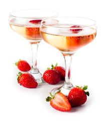 hampagne with strawberries on a white background