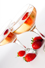 hampagne with strawberries on a white background
