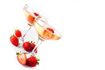 hampagne with strawberries on a white background