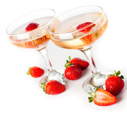 hampagne with strawberries on a white background