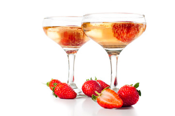 hampagne with strawberries on a white background