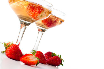 hampagne with strawberries on a white background