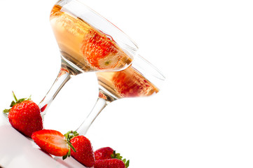 hampagne with strawberries on a white background
