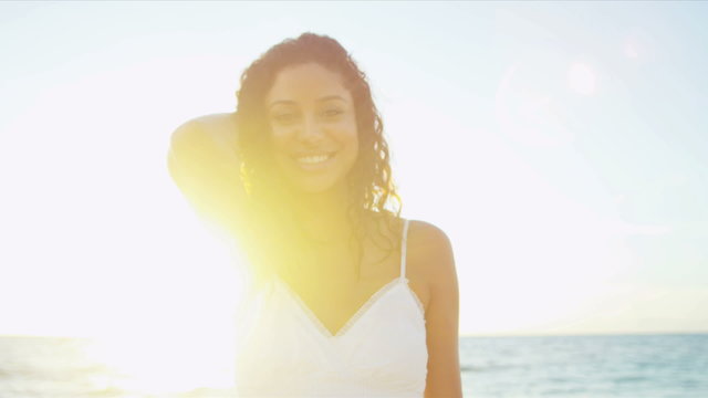 Girl Wearing White Island Beach Sunrise Close Up