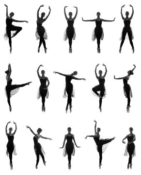 A set of silhouettes of women dancing ballet in black dresses