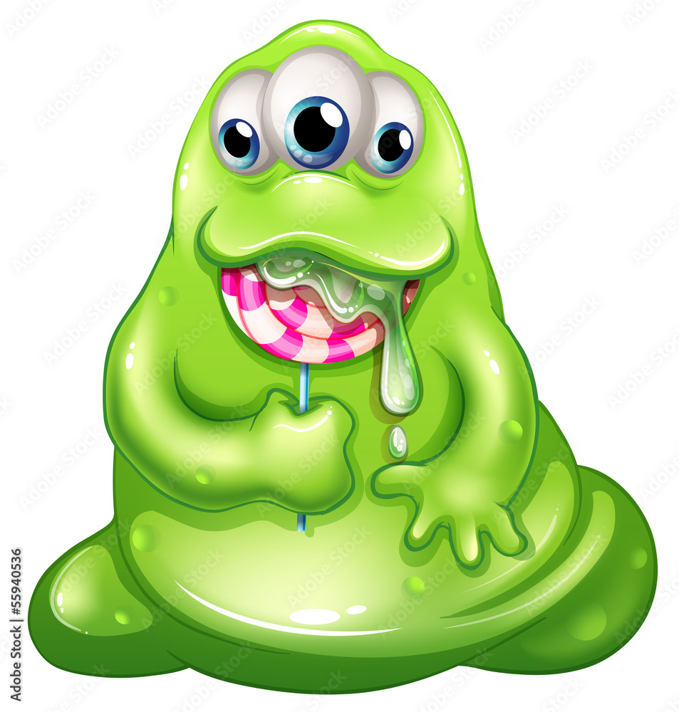 Wall mural A greenslime baby monster eating a lollipop