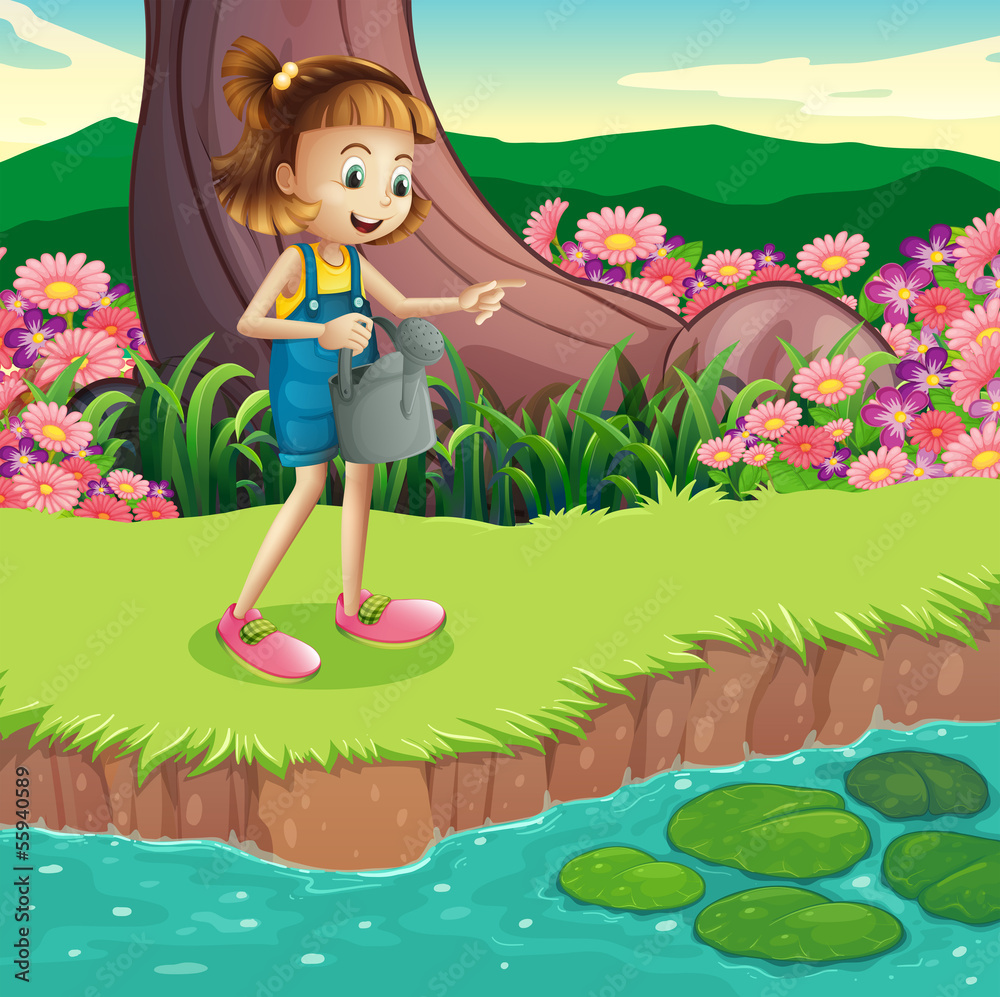 Poster A young girl standing at the riverbank holding a sprinkler