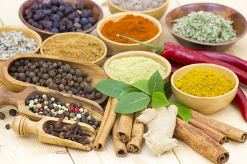 Variety of spices on wooden background