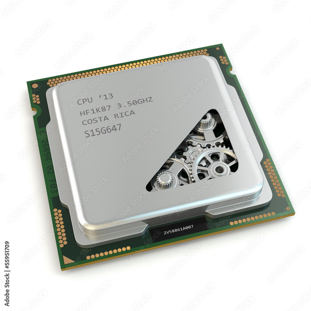 Poster CPU. Gears inside processor on white isolated background.
